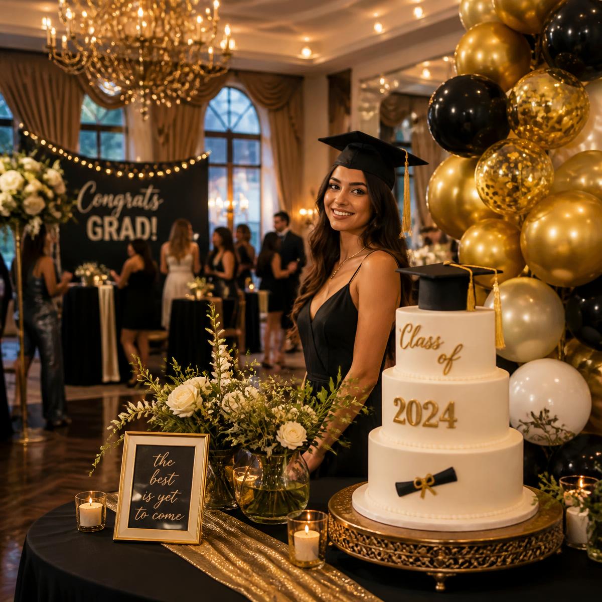 Graduation celebration with gold balloons and tiered cake