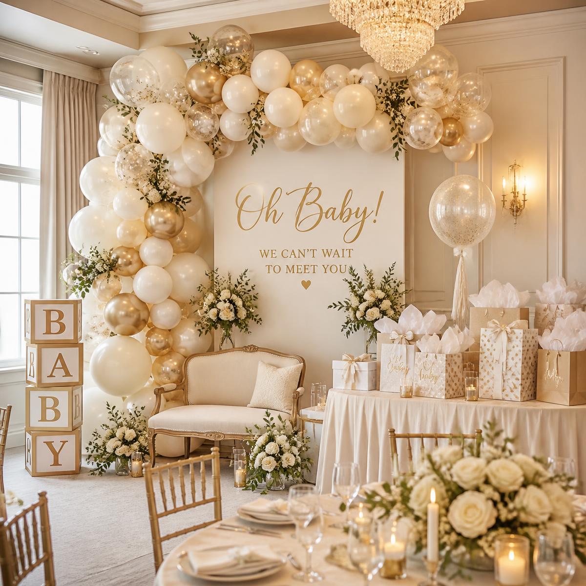 Champagne-toned baby shower setup with balloon garland