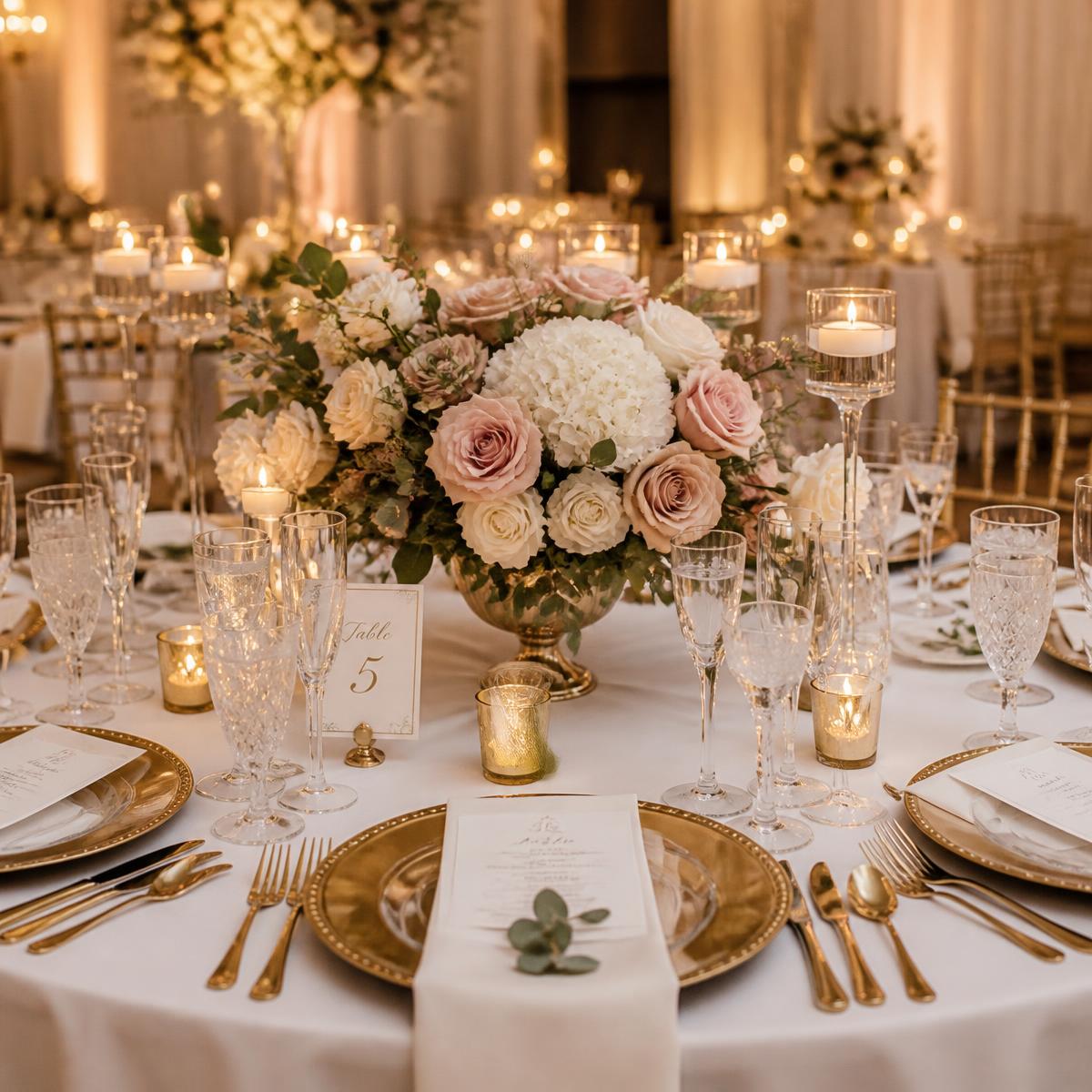Elegant table setting with gold chargers and floral centerpiece