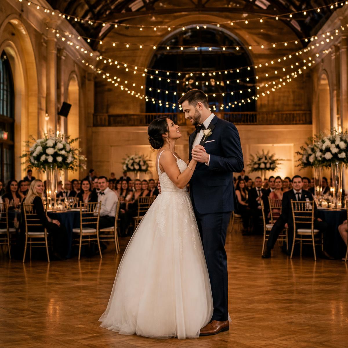 Couple's first dance in the hall under string lights