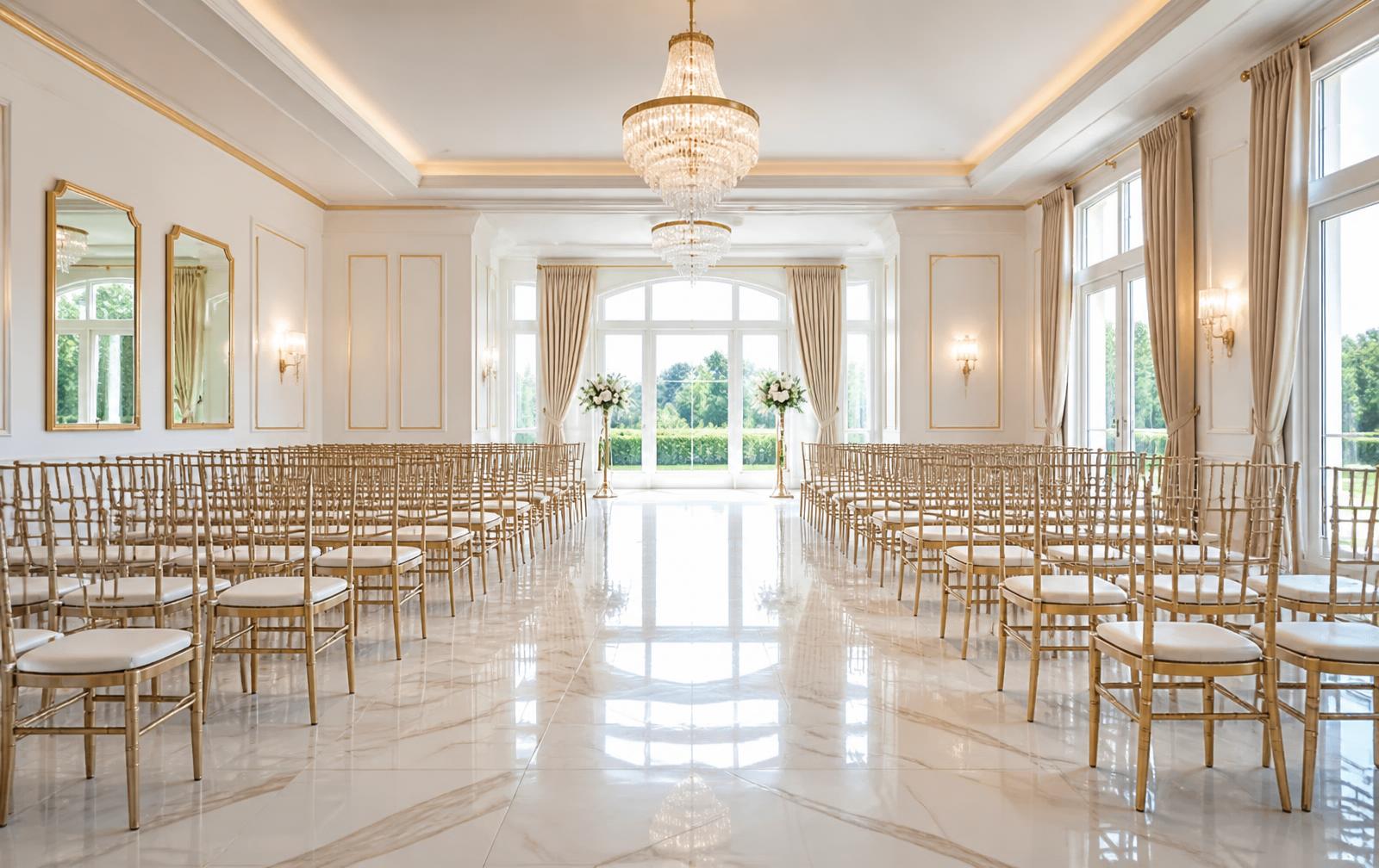 Empty hall with gold chiavari chairs and chandeliers